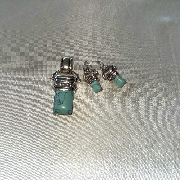 Boho Turquoise Stone Pendant Slide With Hook Turquoise Earrings Set Silver Tone - Picture 5 of 11